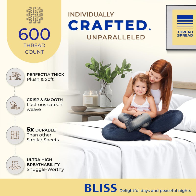 THREAD SPREAD 100% Pure Egyptian Cotton Sheets Twin - 600 Thread Count Sheets Twin, 3 PC Deep Pocket Twin Sheets, Soft, Cooling Sateen Weave Extra Long Twin Sheets Sets Dorm, 16" Deep Pocket - White - Image 2
